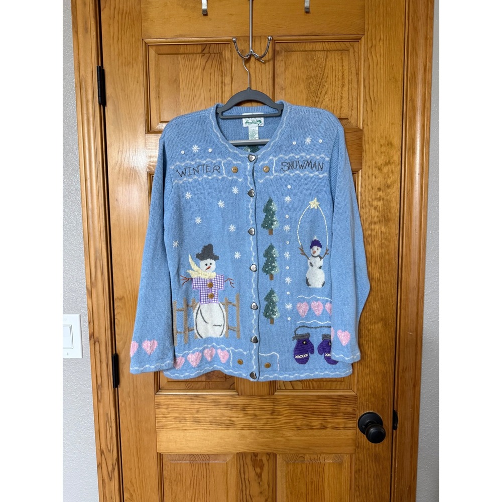 Vintage The Quaker Factory Women's Blue Snowman Winter Cardigan Sweater L